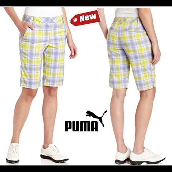Puma golf plaid tech shorts persian violet Sz 12 NWT neon yellow purple - Picture 14 of 14